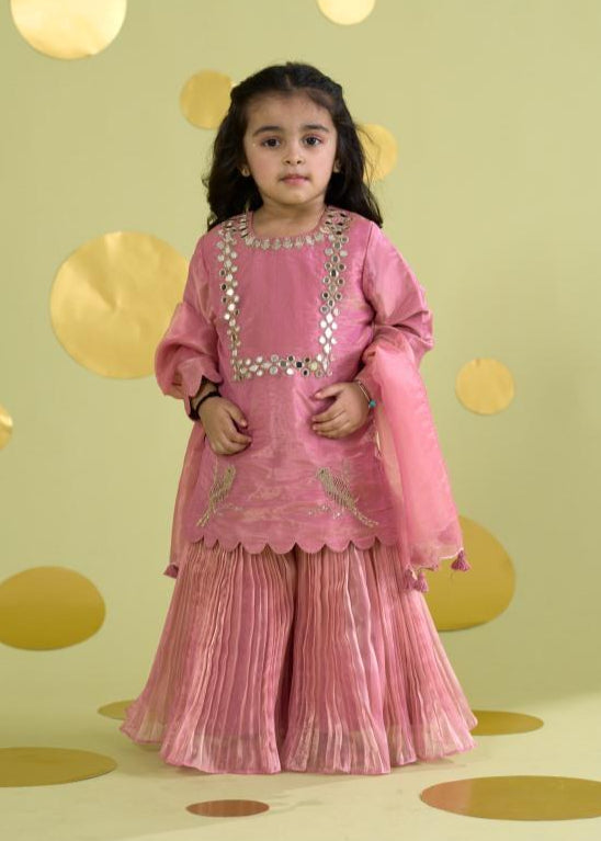 Pink Bird Motif Mirror Work Kurta With Sharara Set