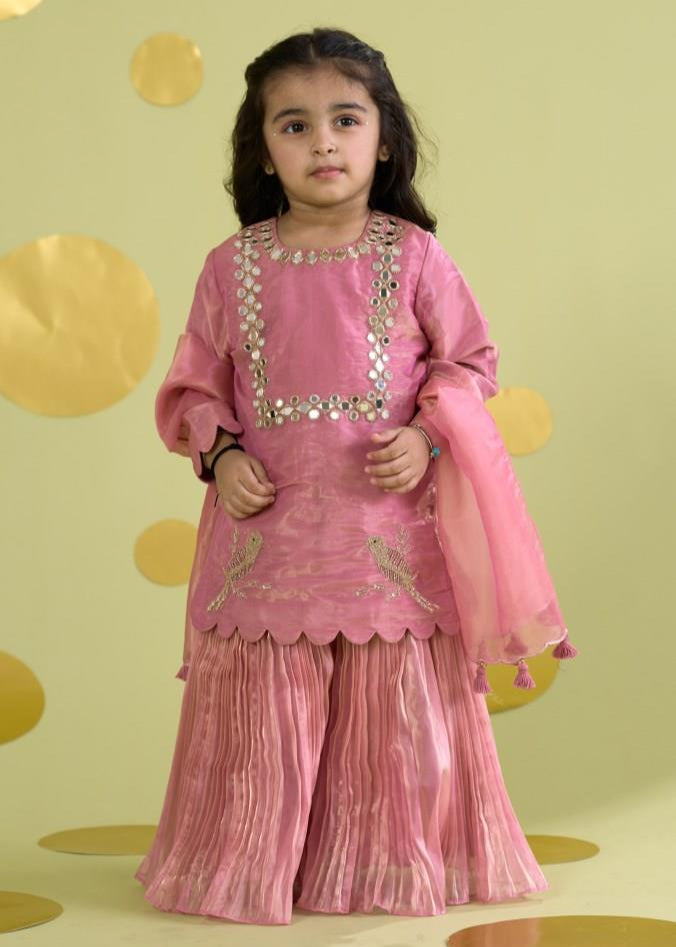 Pink Bird Motif Mirror Work Kurta With Sharara Set