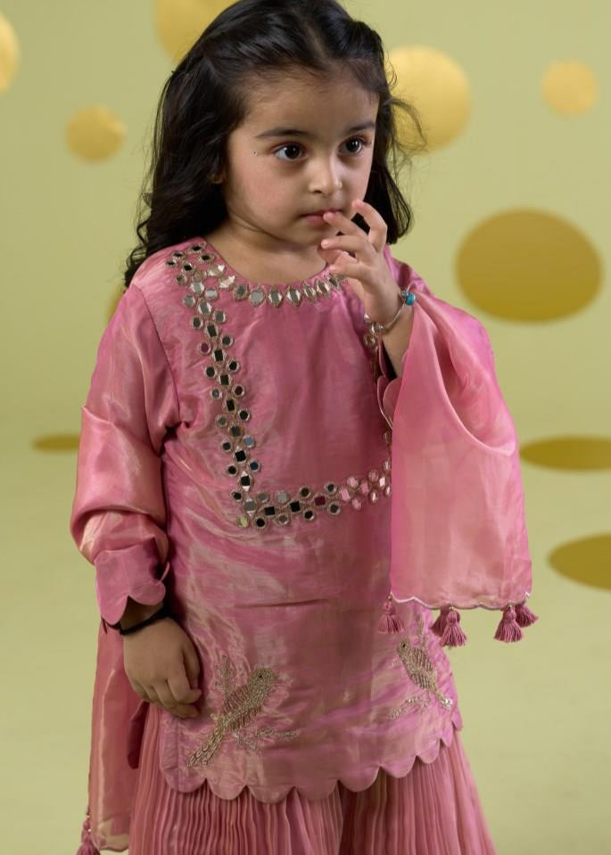 Pink Bird Motif Mirror Work Kurta With Sharara Set