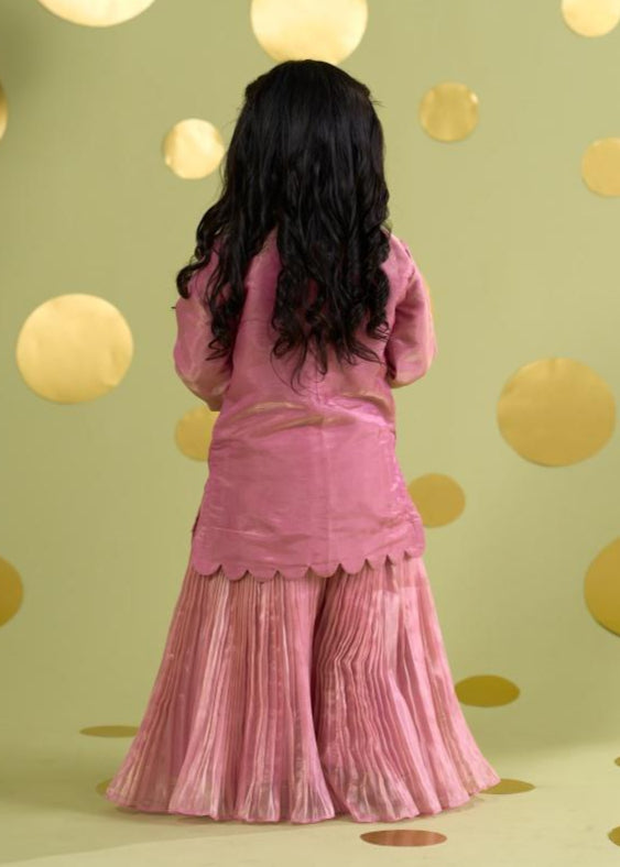 Pink Bird Motif Mirror Work Kurta With Sharara Set