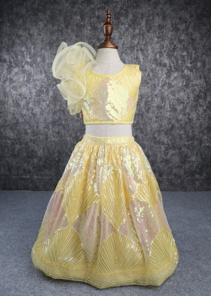 Yellow Heavy Embroidered Sequence Top And Lehenga Set
