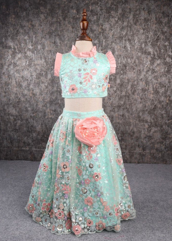 Sea Green And Peach Heavy Embroidered Top And Lehenga Set