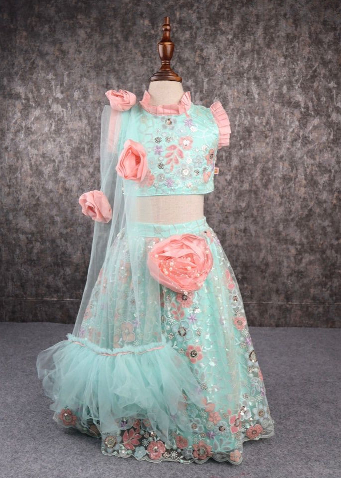 Sea Green And Peach Heavy Embroidered Top And Lehenga Set