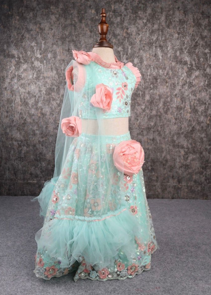 Sea Green And Peach Heavy Embroidered Top And Lehenga Set
