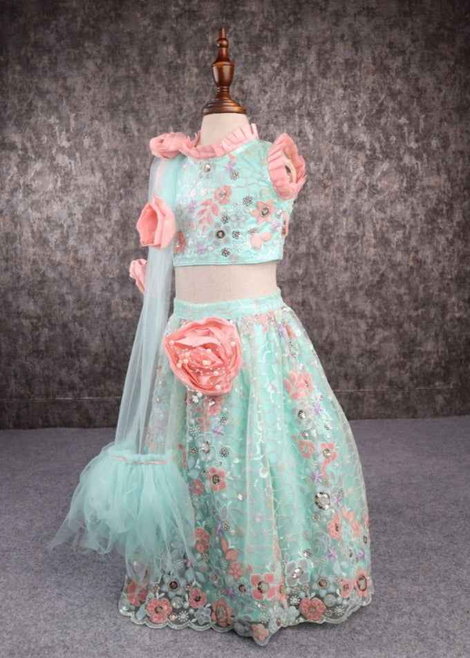 Sea Green And Peach Heavy Embroidered Top And Lehenga Set