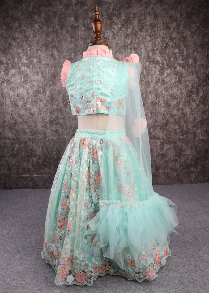 Sea Green And Peach Heavy Embroidered Top And Lehenga Set