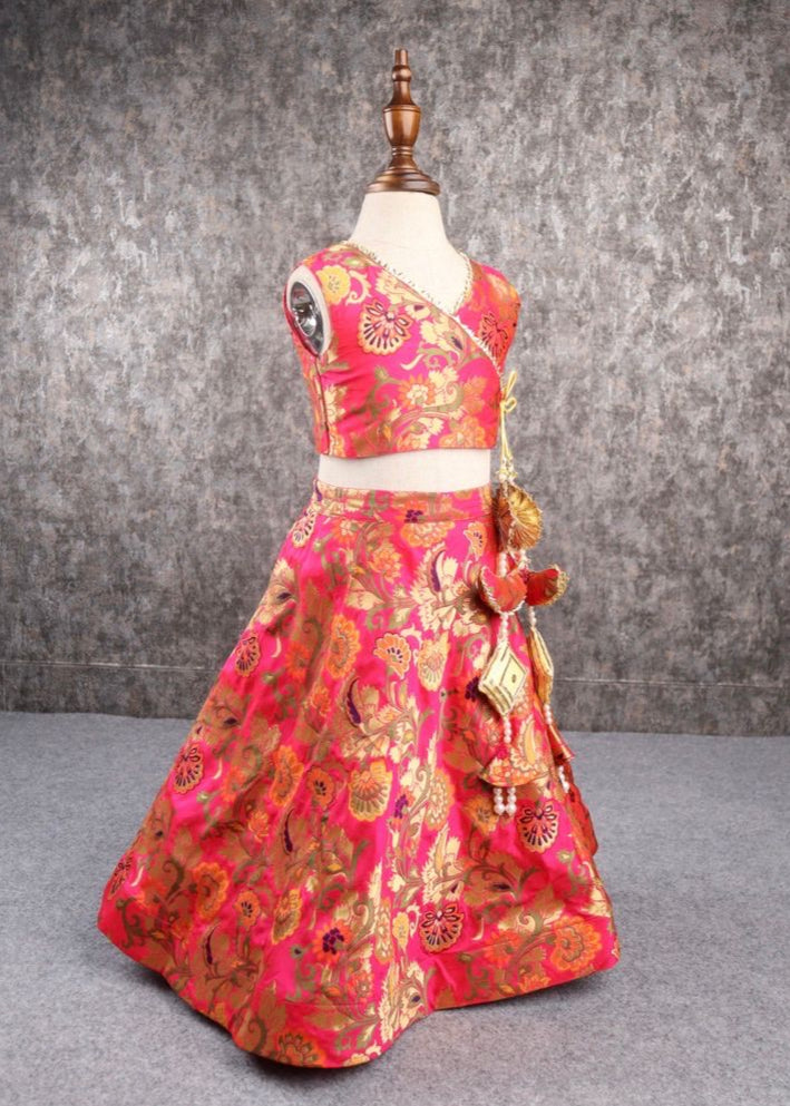 Red Brocade Embroidery Top And Lehenga Set