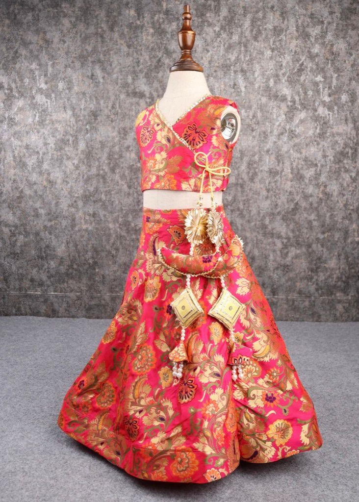 Red Brocade Embroidery Top And Lehenga Set