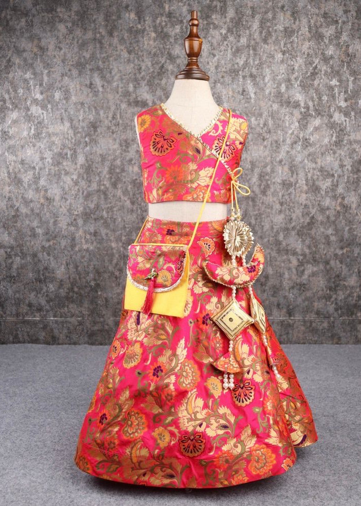 Red Brocade Embroidery Top And Lehenga Set