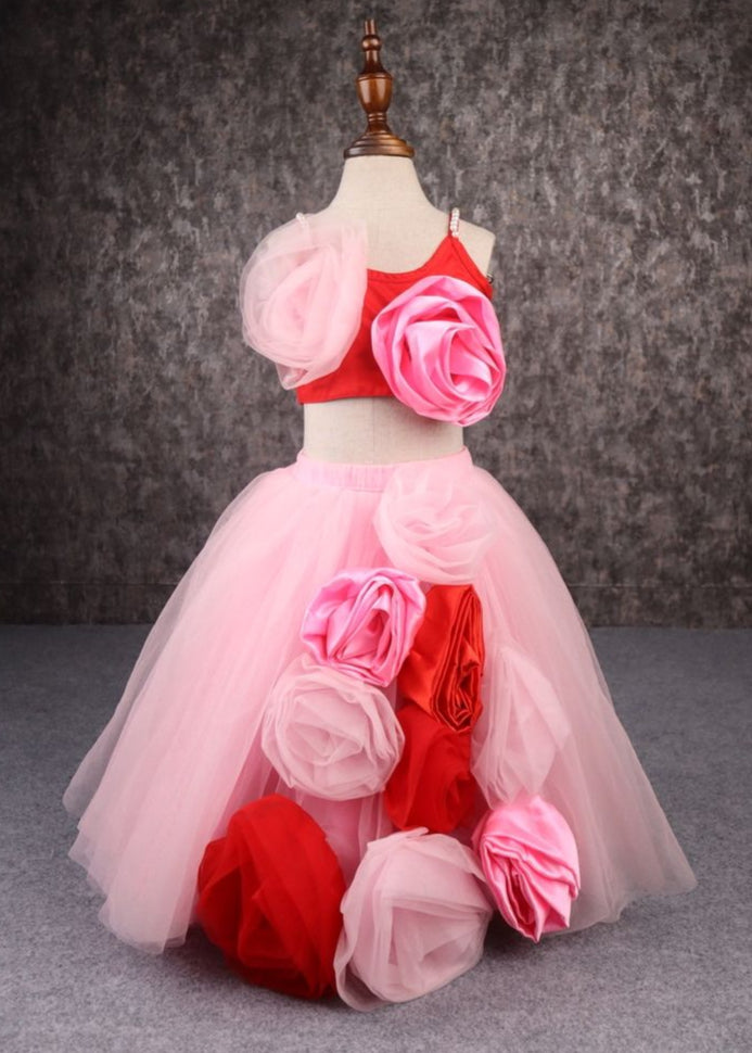 Pink And Red Muti Flower Embellished Top And Lehenga Set