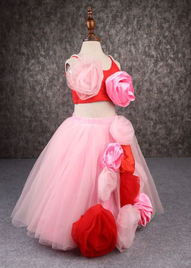 Pink And Red Muti Flower Embellished Top And Lehenga Set
