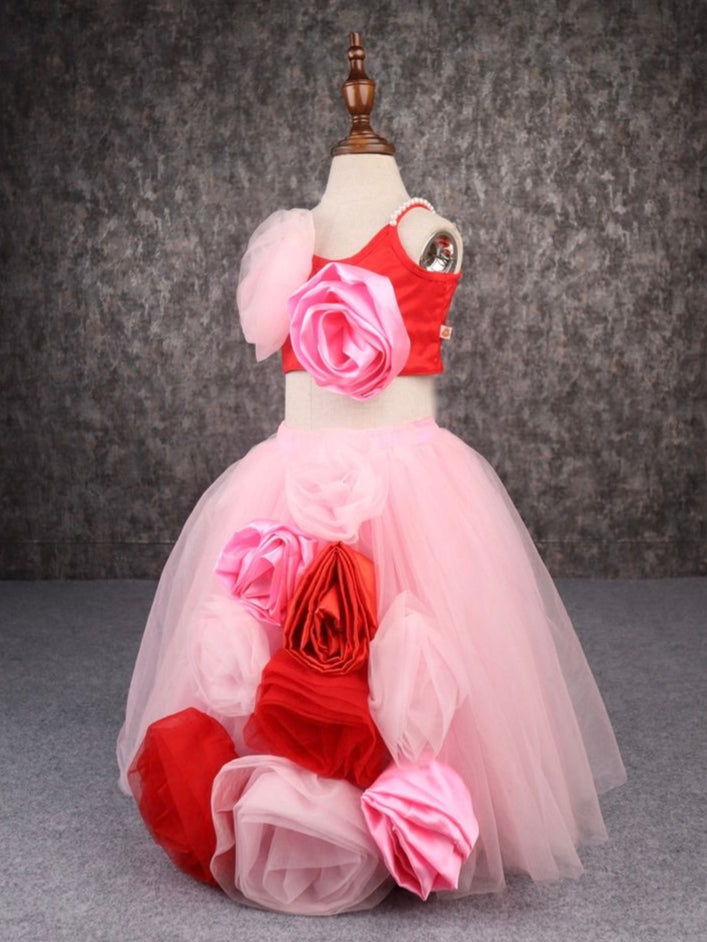 Pink And Red Muti Flower Embellished Top And Lehenga Set