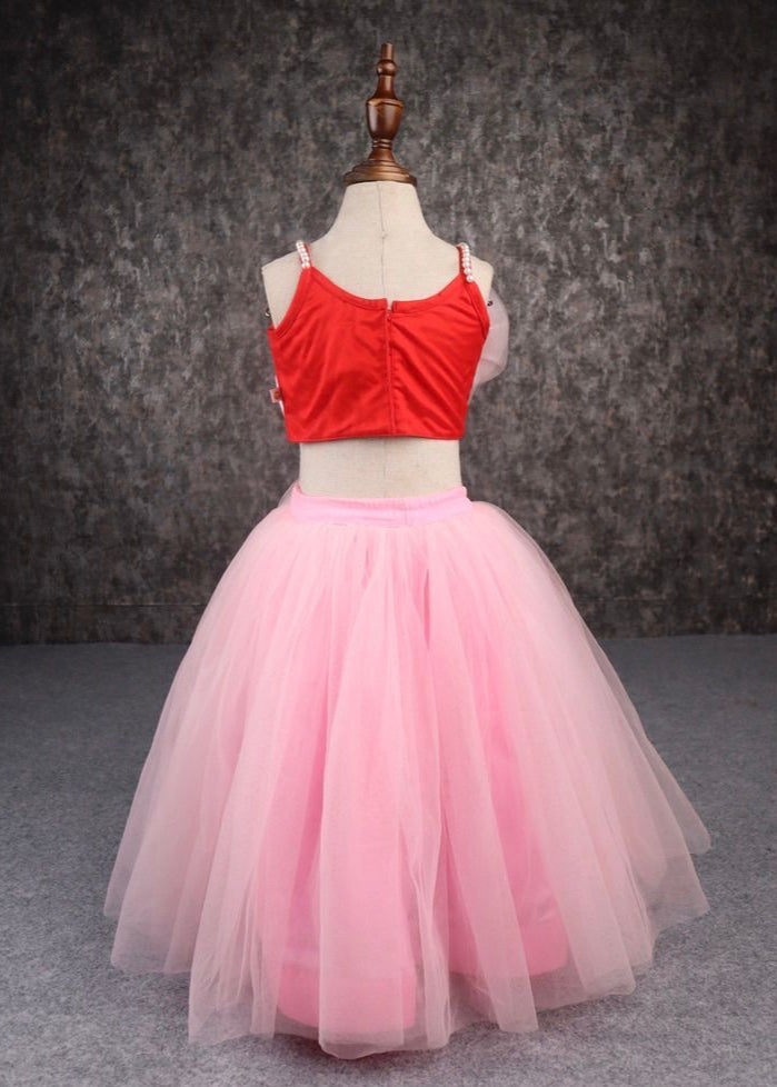 Pink And Red Muti Flower Embellished Top And Lehenga Set