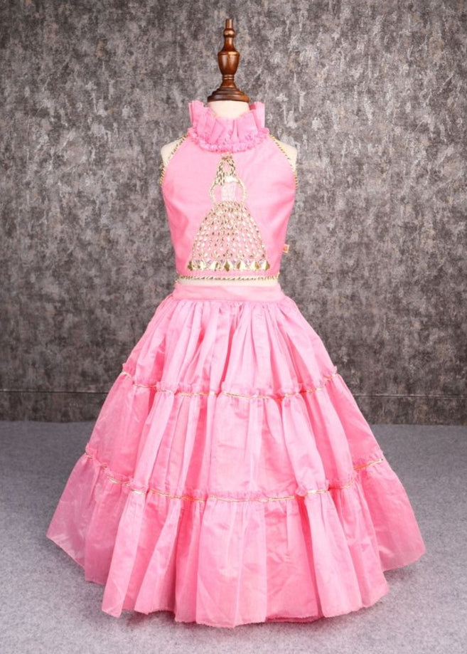 Pink Barbie Gotta Patti Hand Embroidered Top And Lehenga Set
