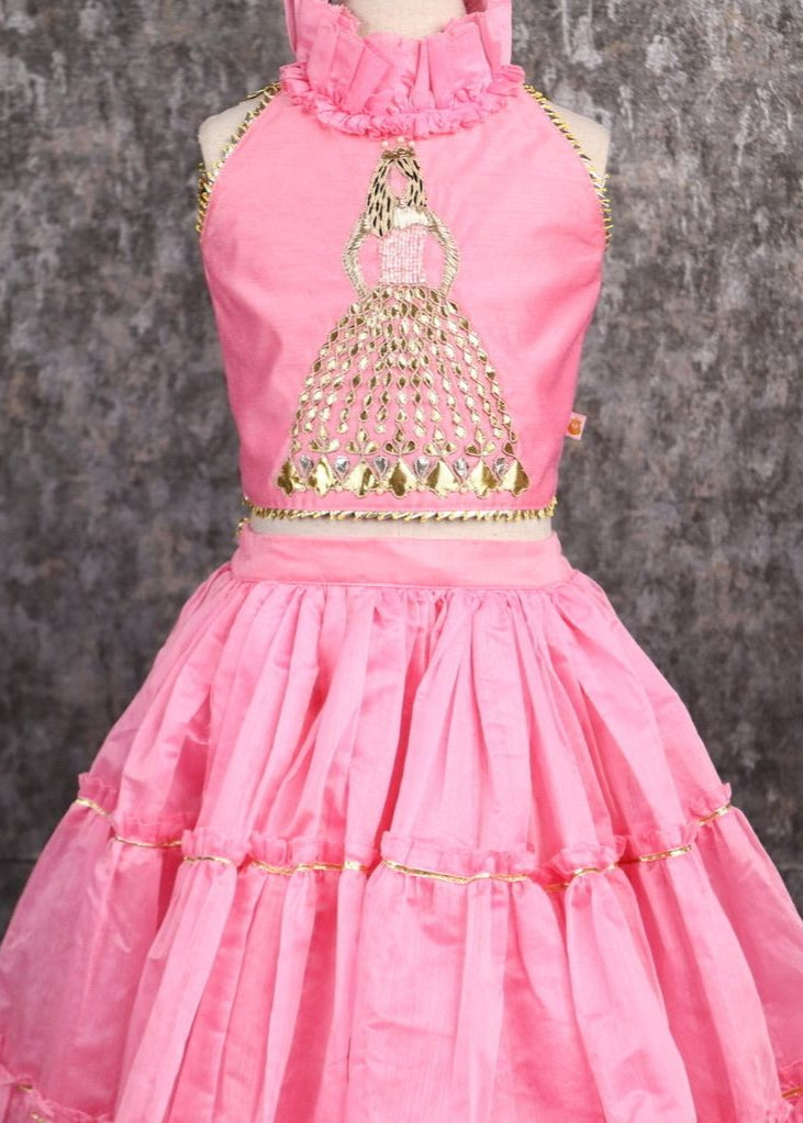 Pink Barbie Gotta Patti Hand Embroidered Top And Lehenga Set