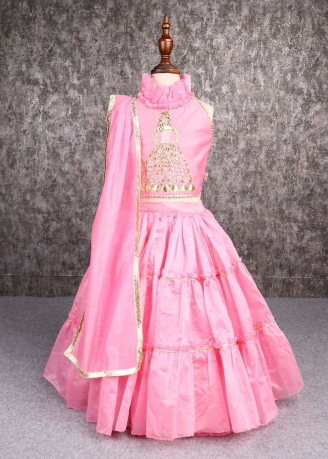 Pink Barbie Gotta Patti Hand Embroidered Top And Lehenga Set