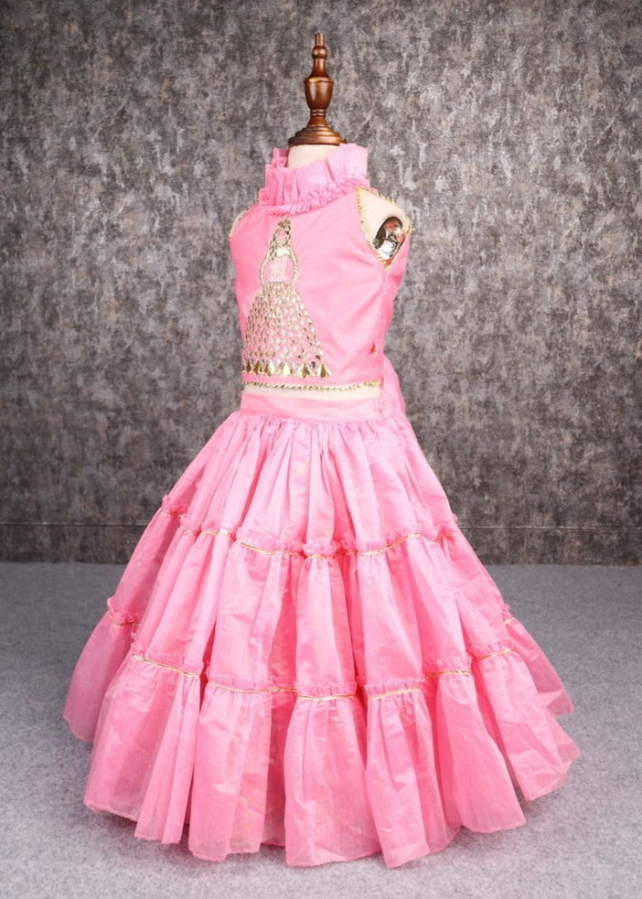 Pink Barbie Gotta Patti Hand Embroidered Top And Lehenga Set