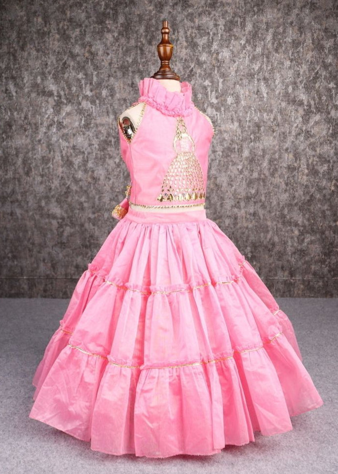 Pink Barbie Gotta Patti Hand Embroidered Top And Lehenga Set