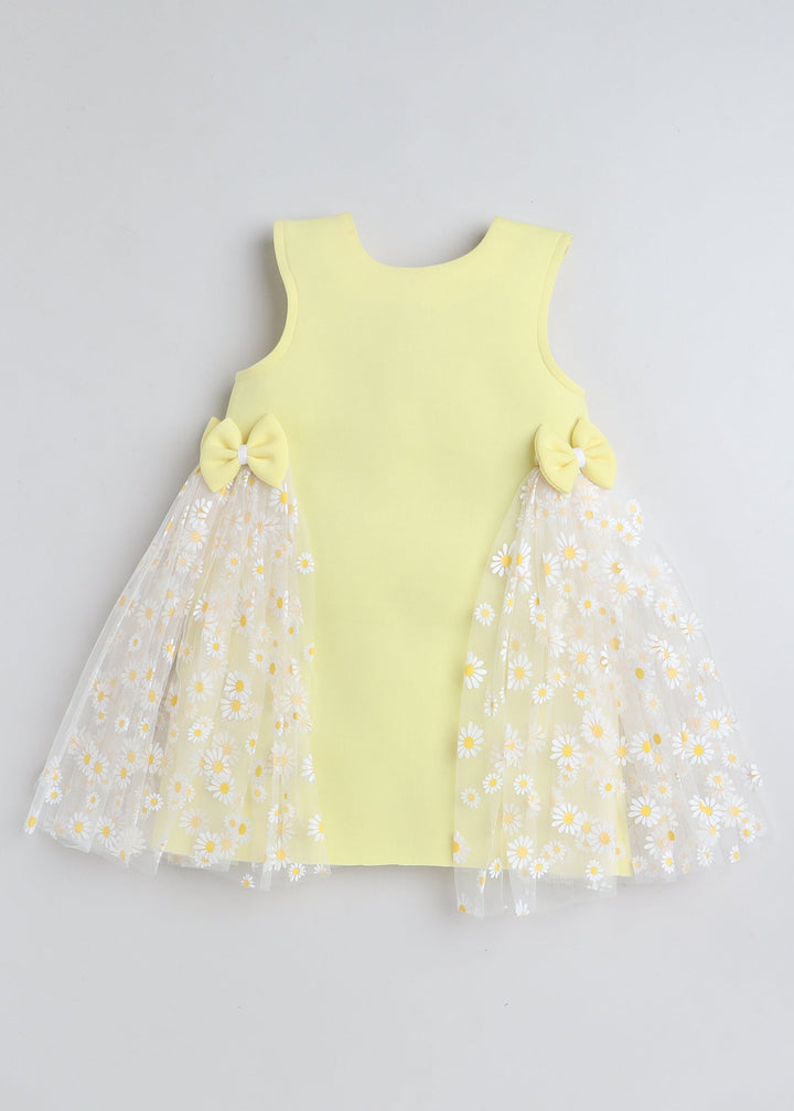 Yellow Sleeveless Daisy Flowers Printed Net and Bow Embellished Knee Length Dress