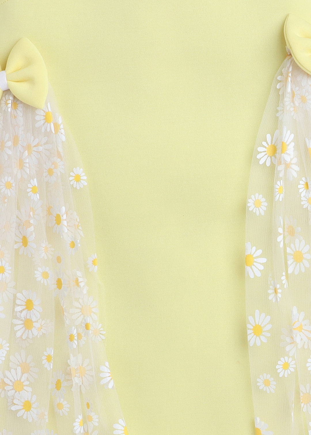 Yellow Sleeveless Daisy Flowers Printed Net and Bow Embellished Knee Length Dress