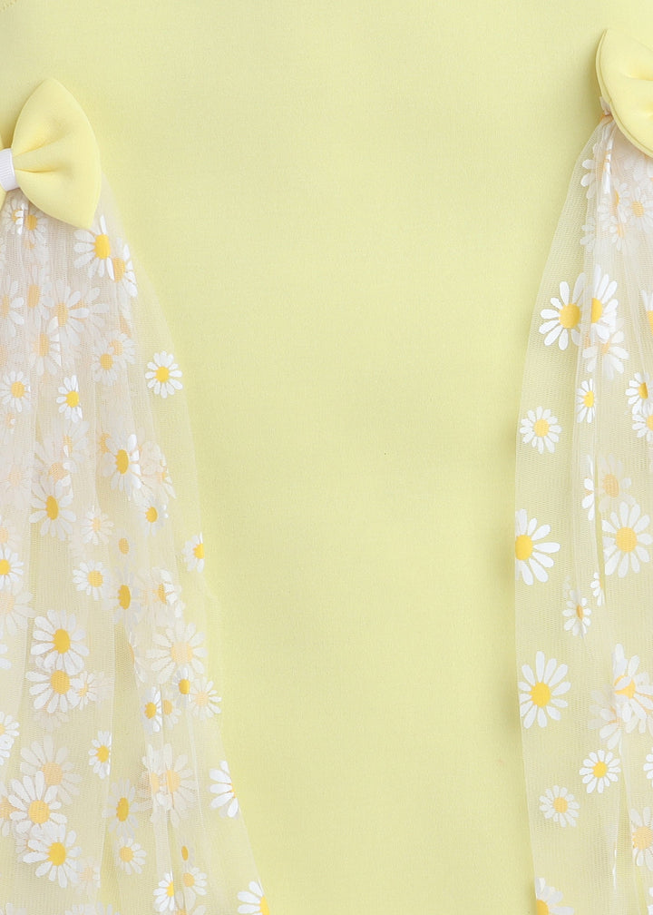 Yellow Sleeveless Daisy Flowers Printed Net and Bow Embellished Knee Length Dress