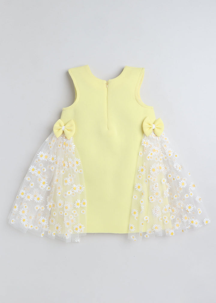 Yellow Sleeveless Daisy Flowers Printed Net and Bow Embellished Knee Length Dress