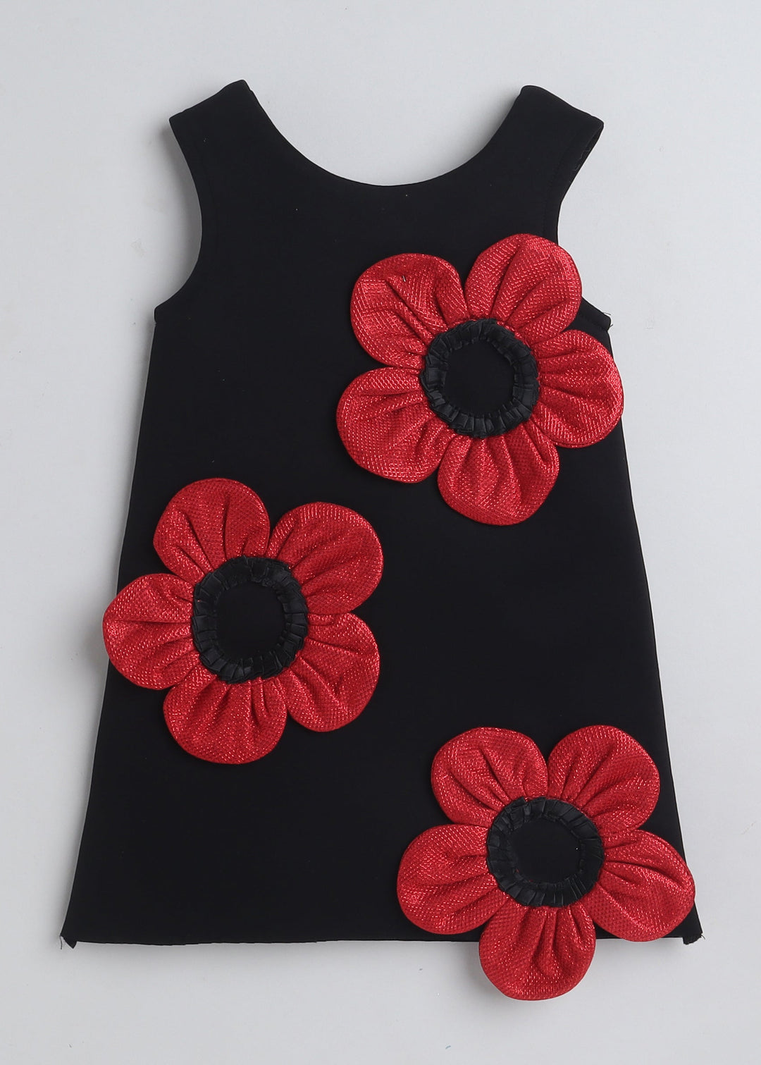 Black Sleeveless Floral Applique Embellished Knee Length Dress
