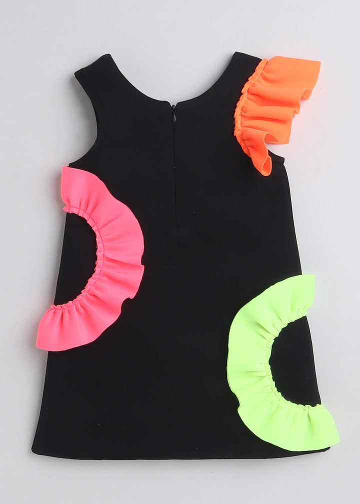 Black Sleeveless Multicolored Frilled Embellished Knee Length Dress