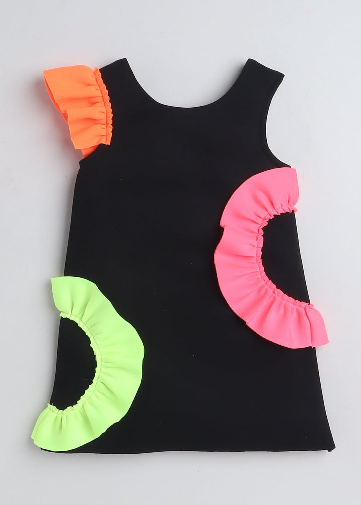 Black Sleeveless Multicolored Frilled Embellished Knee Length Dress