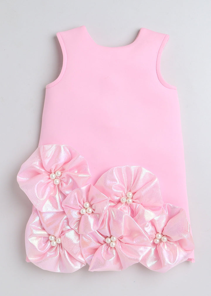 Pink Sleeveless Floral Embellished Knee Length Dress
