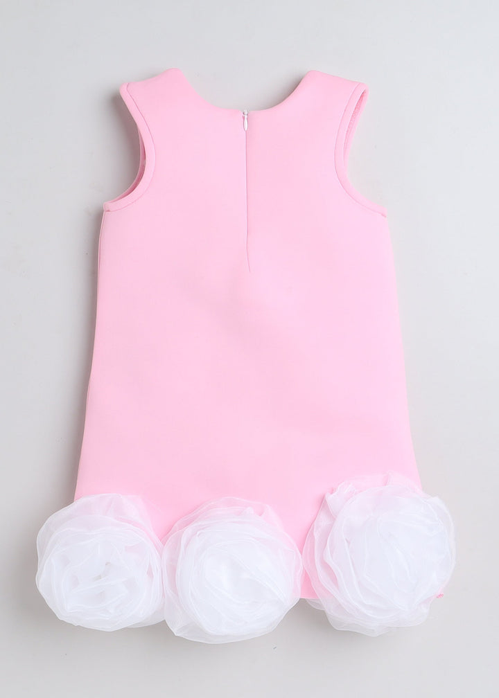 Pink Sleeveless Organza Flowers Embellished Knee Length Dress