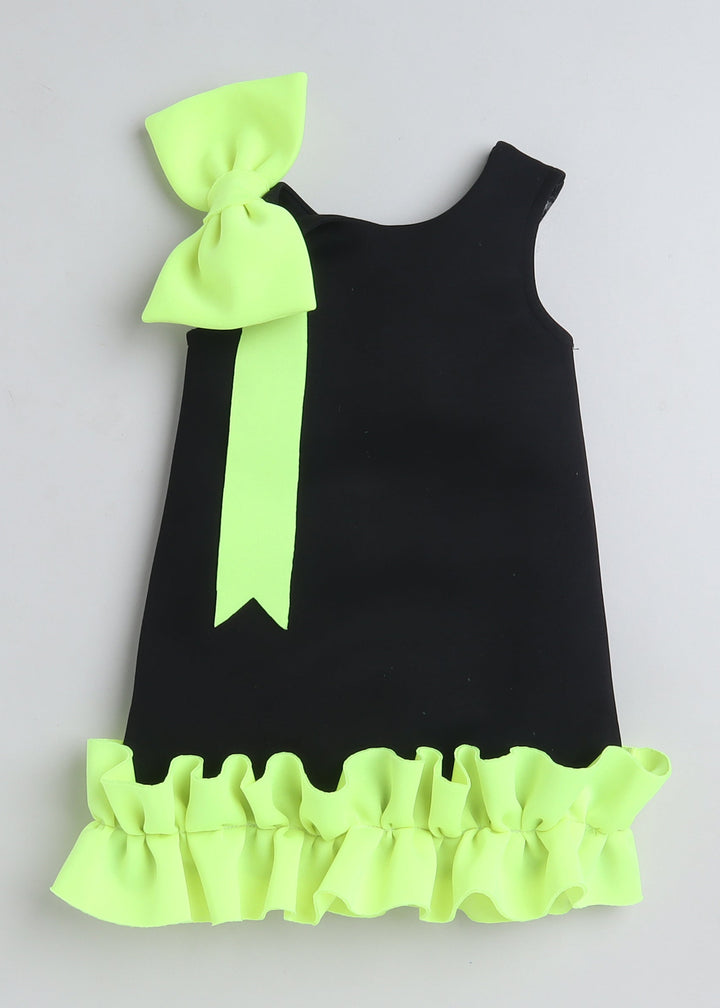 Black Sleeveless Frill And Bow Embellished Knee Length Dress