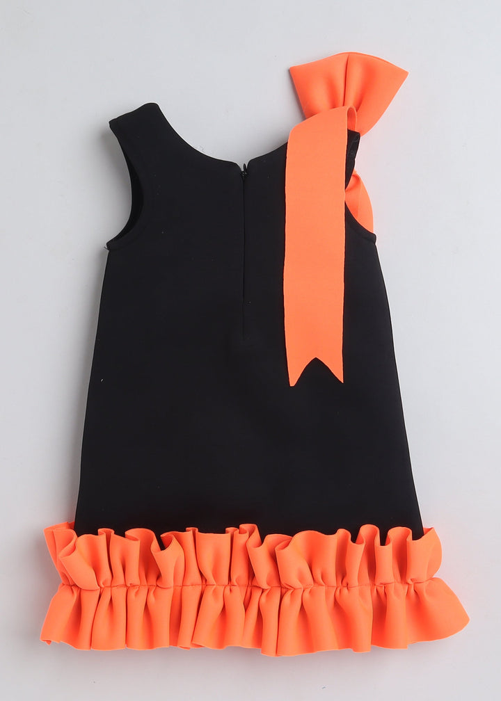 Black Sleeveless Frill And Bow Embellished Knee Length Dress