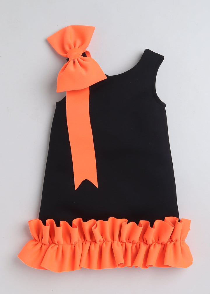 Black Sleeveless Frill And Bow Embellished Knee Length Dress