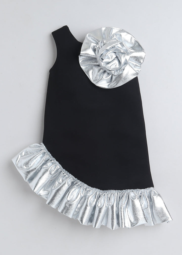 Black Sleeveless Frilled Bottom And Shoulder Embellished Knee Length Dress