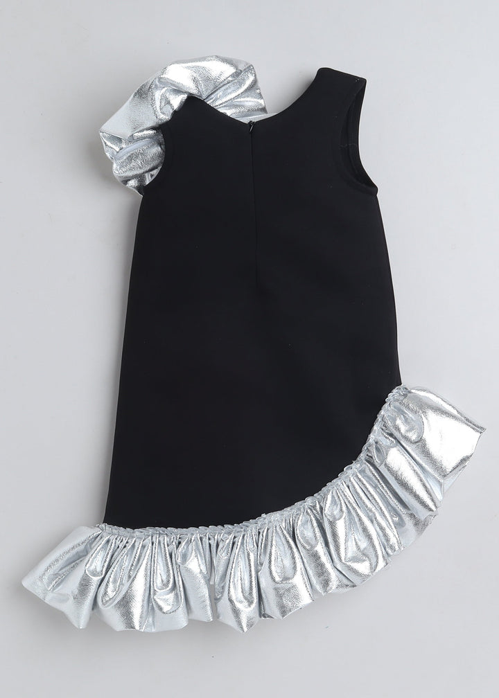Black Sleeveless Frilled Bottom And Shoulder Embellished Knee Length Dress