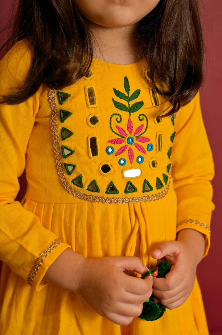 Golden Sunflower Hand Embroidery Mirror Work One Piece Dress