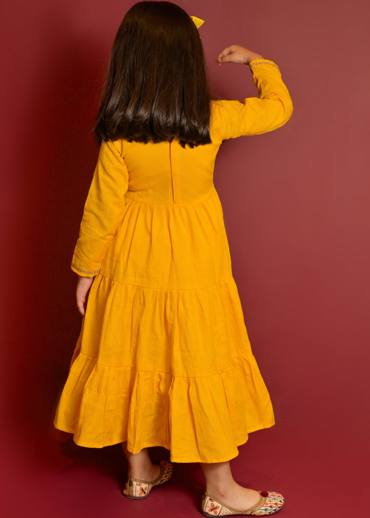 Golden Sunflower Hand Embroidery Mirror Work One Piece Dress