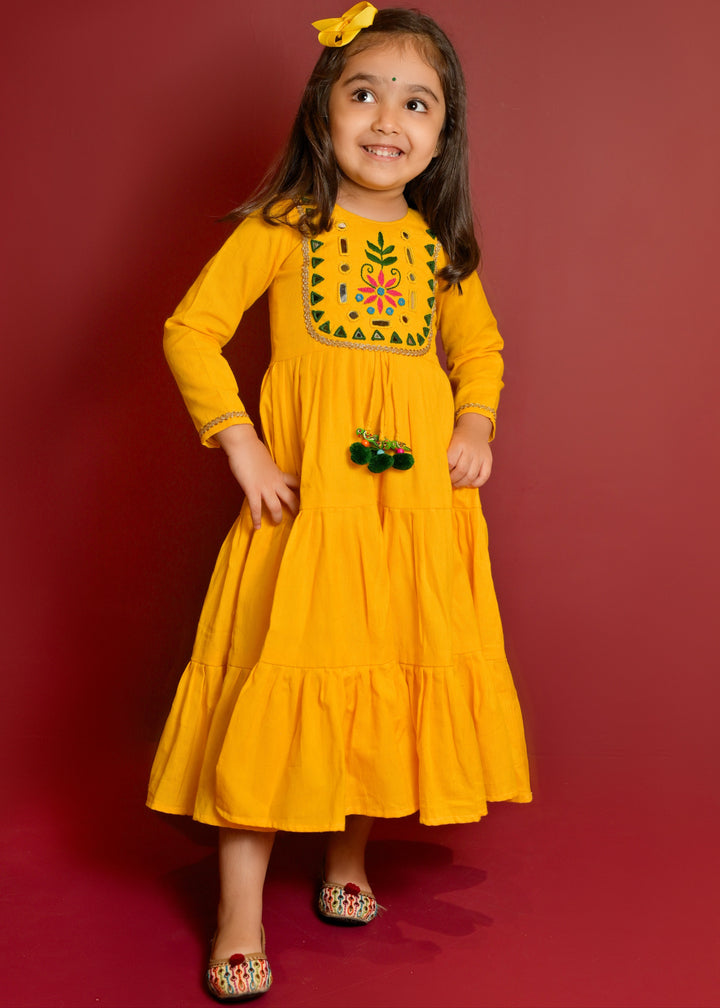 Golden Sunflower Hand Embroidery Mirror Work One Piece Dress