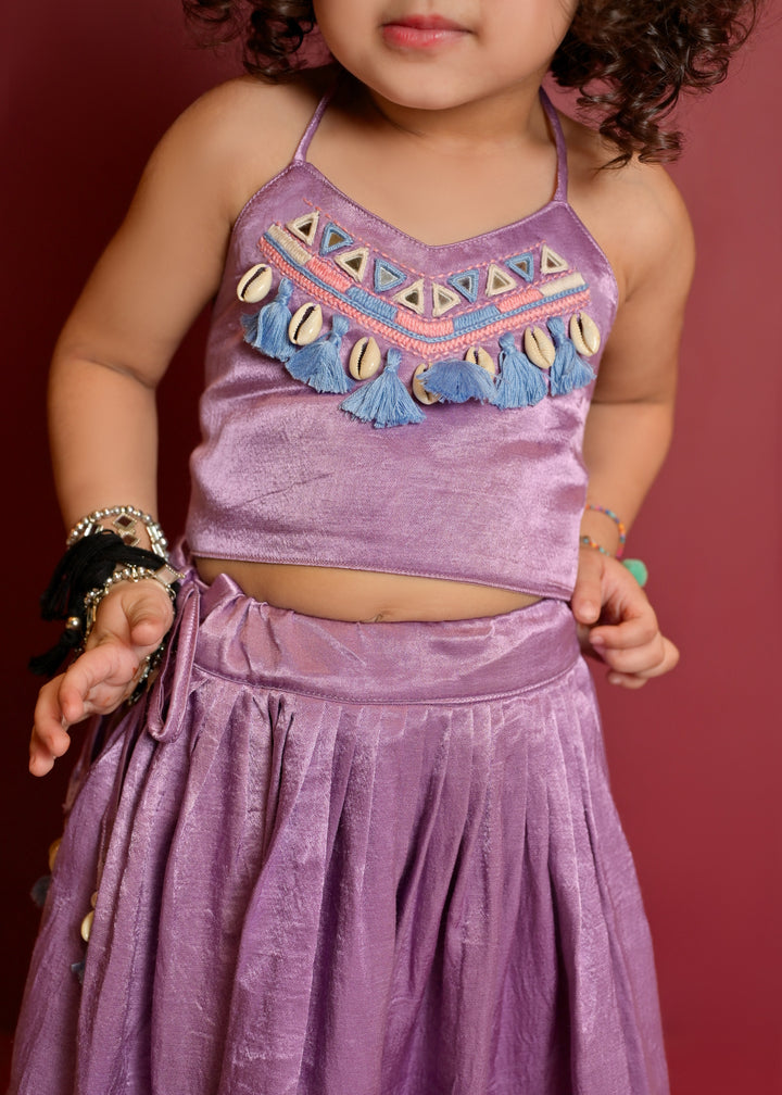 Lilac Silk Delight Hand Embroidery Mirror Work Chaniya Choli Set