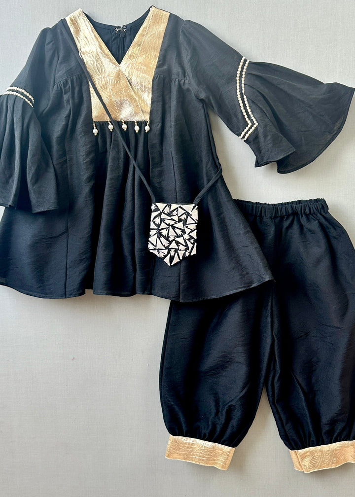Black & Gold Chanderi Kurti Patiala With Sling Bag Set
