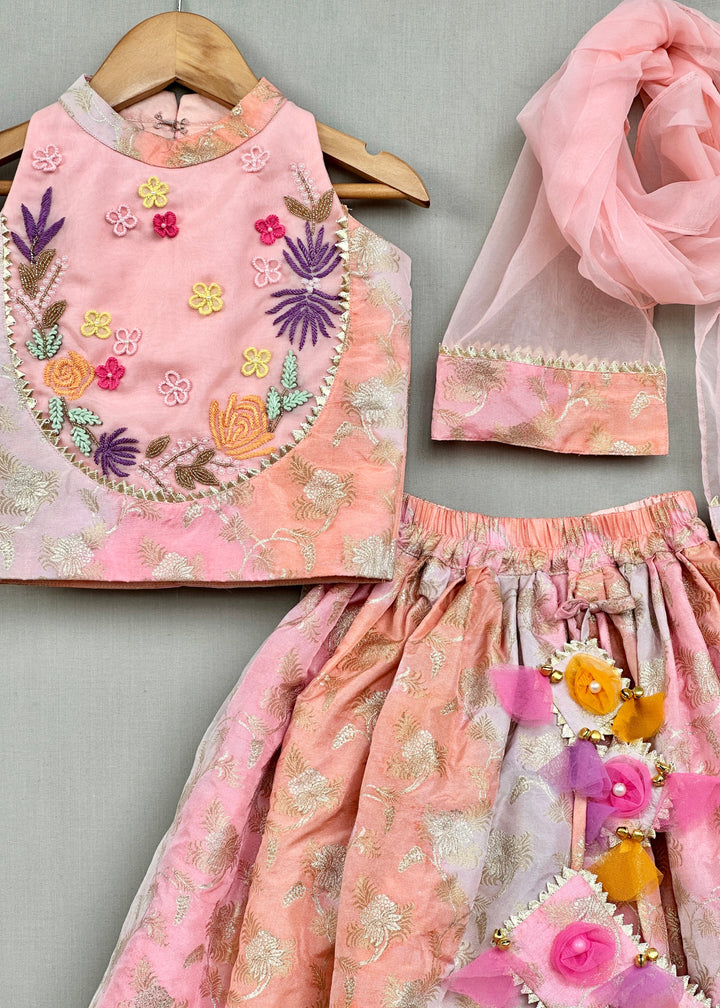 Pastel Pink Floral Hand- Embroidered Lehenga With Dupatta Set