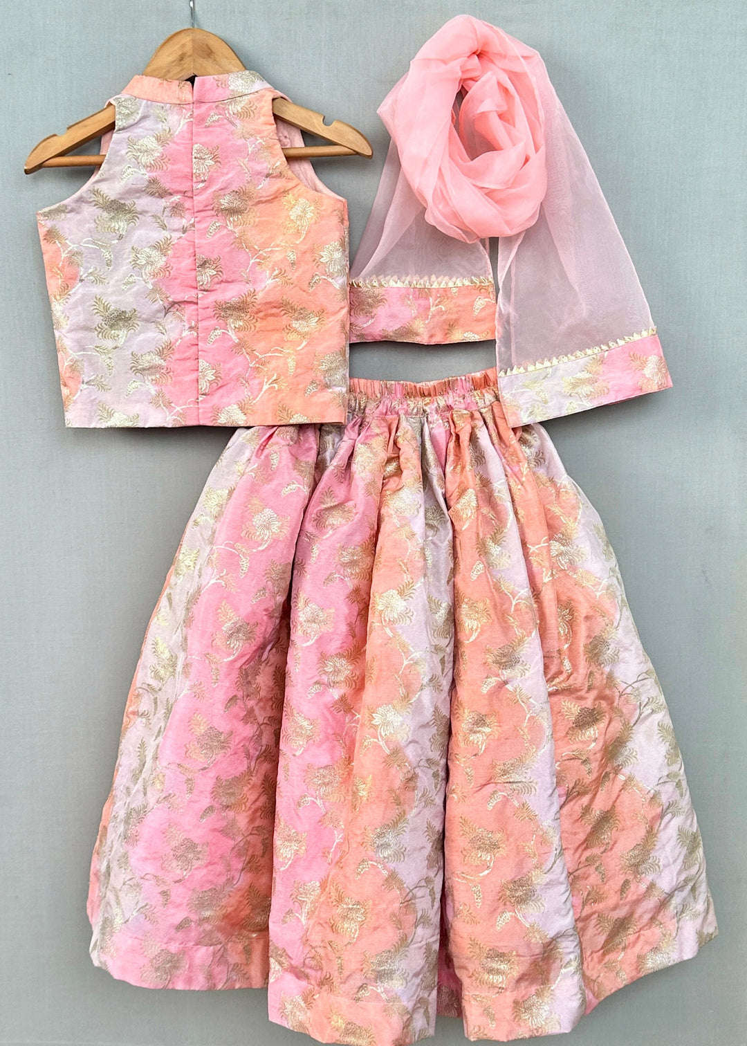 Pastel Pink Floral Hand- Embroidered Lehenga With Dupatta Set