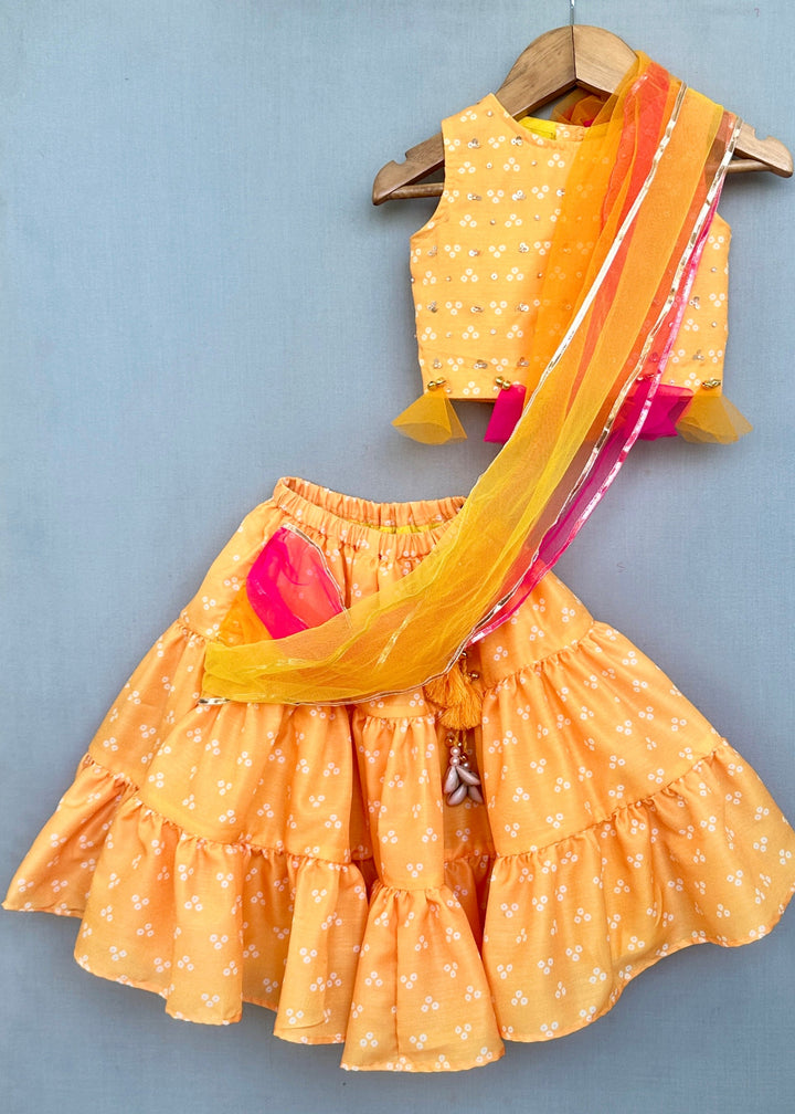 Yellow Bandhani Crop Top  Lehenga with Attached Dupatta Set