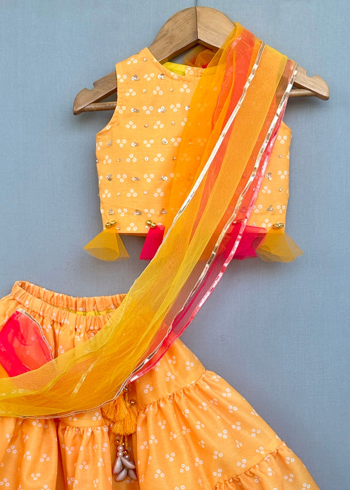 Yellow Bandhani Crop Top  Lehenga with Attached Dupatta Set