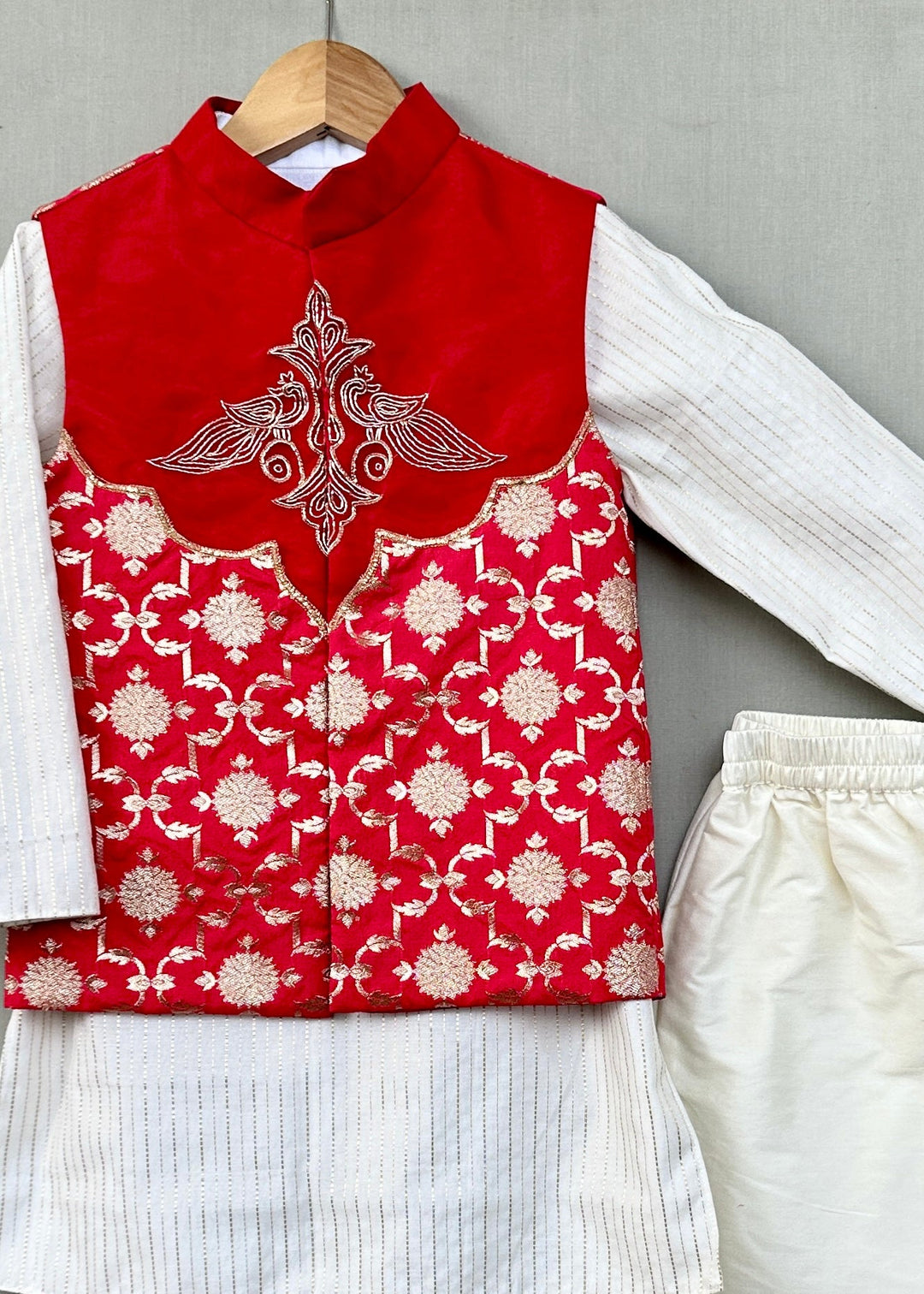Red Embroidered Brocade Nehru Jacket With Kurta & Pant Set