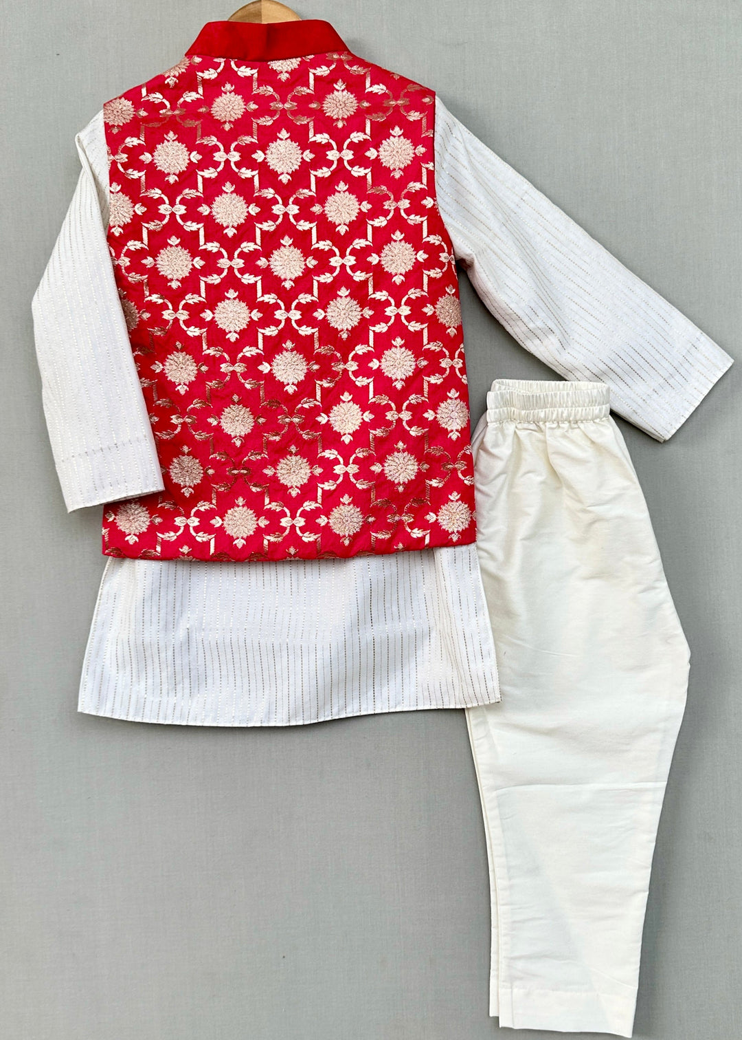 Red Embroidered Brocade Nehru Jacket With Kurta & Pant Set