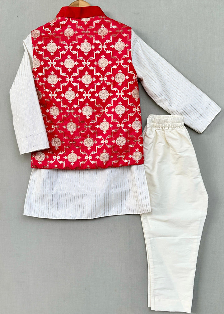 Red Embroidered Brocade Nehru Jacket With Kurta & Pant Set