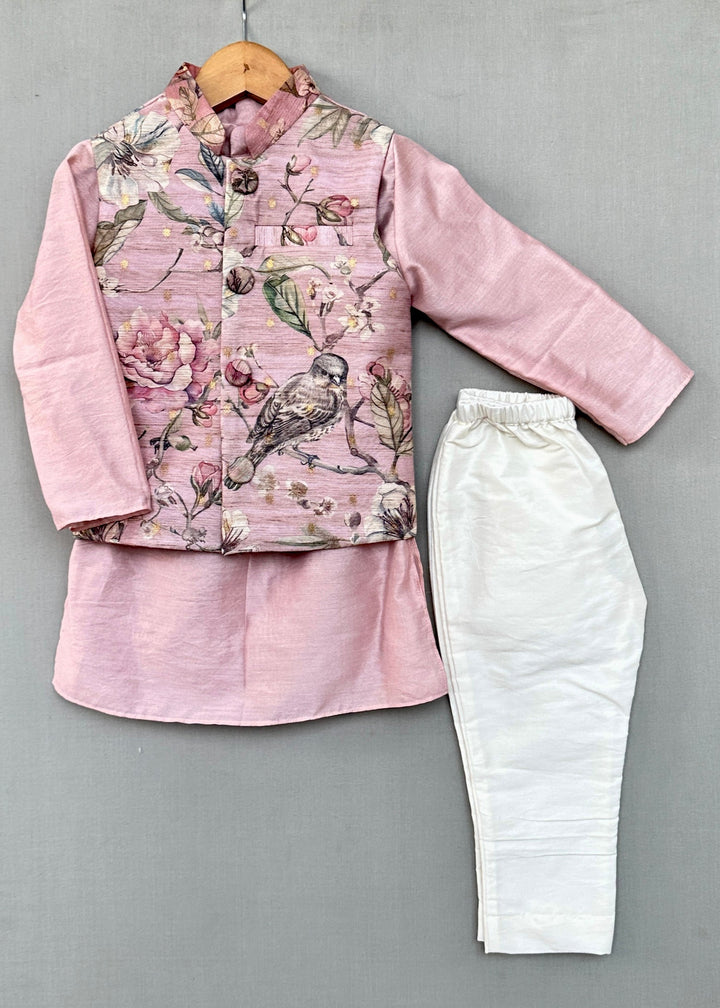 Pastel Pink Floral Nehru Jacket With Kurta Pant Set