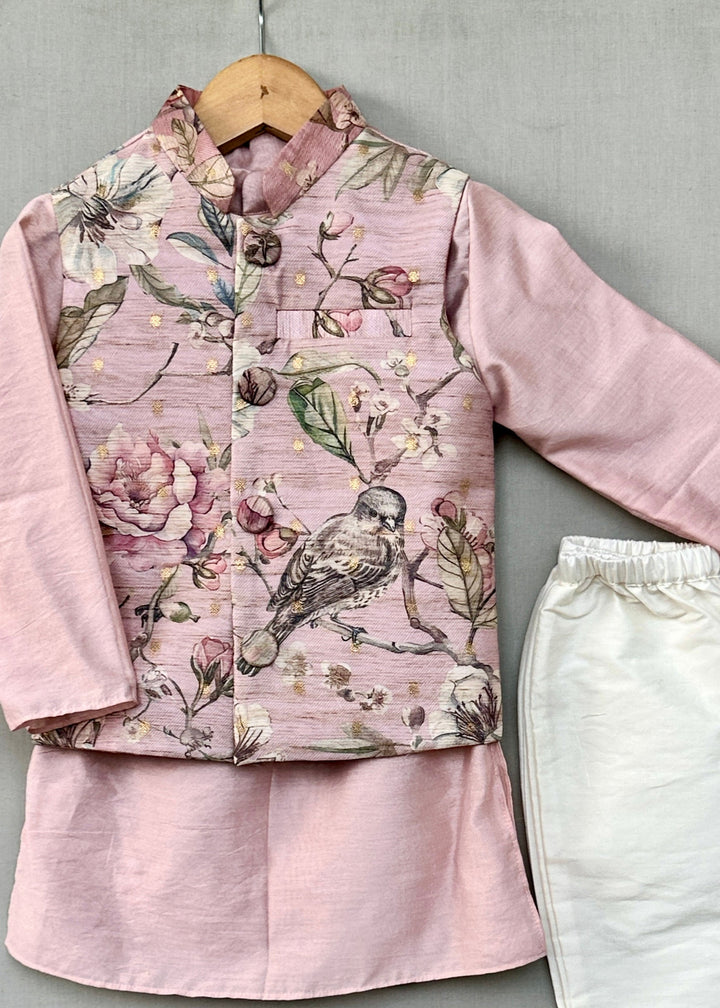 Pastel Pink Floral Nehru Jacket With Kurta Pant Set
